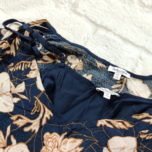 Splendid womens lined tunic ruffle cap sleeve mini dress Navy Blue Floral sz M - Picture 7 of 10